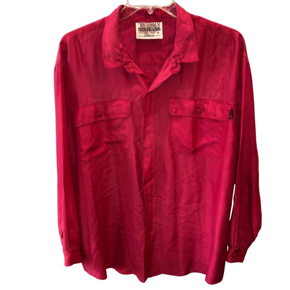 Absolutely No! Jeans Size XL Hot Pink L/S Button Up Pockets Silky Shirt Top